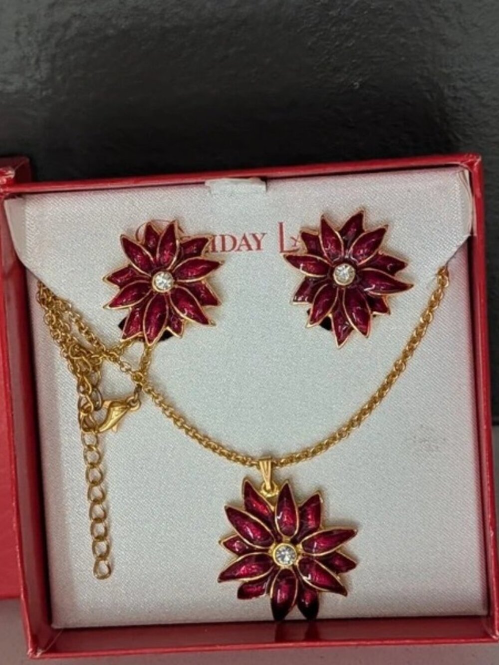 Holiday Time Gold-Tone Red Flower Necklace & Earrings Set